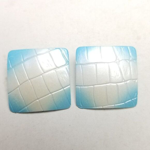 Vintage Light Blue and White Enamel Square Stud Earrings, Textured Surface - Picture 5 of 6